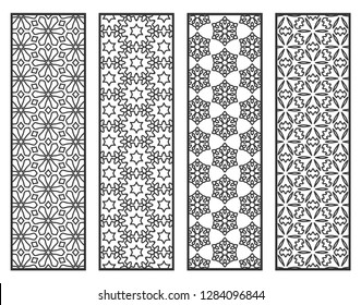 Decorative geometric line borders with repeating texture. Tribal ethnic arabic, indian, turkish ornament, bookmarks templates set. Isolated design elements. Stylized black lace patterns collection