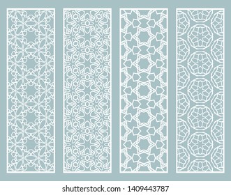 Decorative geometric line borders with repeating texture. Tribal ethnic arabic, indian, turkish ornament, bookmarks templates set. Isolated design elements. Stylized lace patterns collection