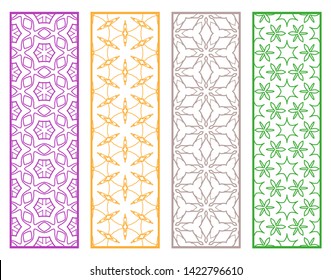 Decorative geometric line borders with repeating texture. Tribal ethnic arabic, indian, turkish ornament, bookmarks templates set. Isolated design elements. Stylized colorful lace patterns collection
