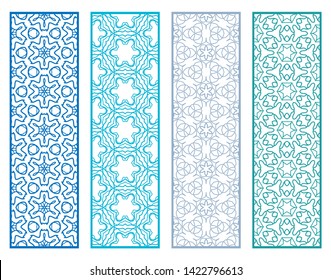 Decorative geometric line borders with repeating texture. Tribal ethnic arabic, indian, turkish ornament, bookmarks templates set. Isolated design elements. Stylized colorful lace patterns collection