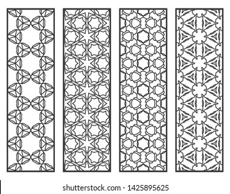 Decorative geometric line borders with repeating texture. Tribal ethnic arabic, indian, turkish ornament, bookmarks templates set. Isolated design elements. Stylized lace patterns collection