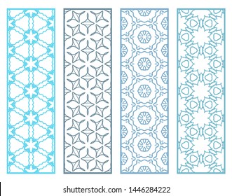 Decorative geometric line borders with repeating texture. Tribal ethnic arabic, indian, turkish ornament, bookmarks templates set. Isolated design elements. Stylized lace patterns collection