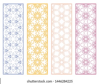 Decorative geometric line borders with repeating texture. Tribal ethnic arabic, indian, turkish ornament, bookmarks templates set. Isolated design elements. Stylized lace patterns collection