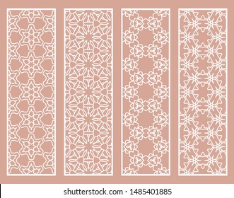 Decorative geometric line borders with repeating texture. Tribal ethnic arabic, indian, turkish ornament, bookmarks templates set. Isolated design elements. Stylized lace patterns collection