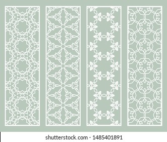 Decorative geometric line borders with repeating texture. Tribal ethnic arabic, indian, turkish ornament, bookmarks templates set. Isolated design elements. Stylized lace patterns collection