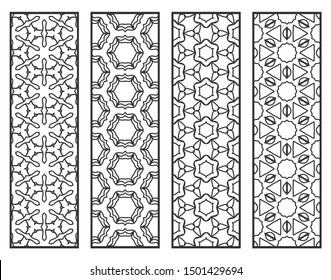 Decorative geometric line borders with repeating texture. Tribal ethnic arabic, indian, turkish ornament, bookmarks templates set. Isolated design elements. Stylized lace patterns collection