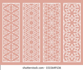Decorative geometric line borders with repeating texture. Tribal ethnic arabic, indian, turkish ornament, bookmarks templates set. Isolated design elements. Stylized lace patterns collection