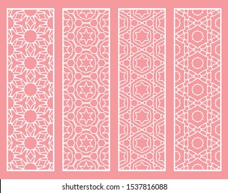 Decorative geometric line borders with repeating texture. Tribal ethnic arabic, indian, turkish ornament, bookmarks templates set. Isolated design elements. Stylized lace patterns collection