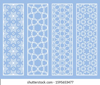 Decorative geometric line borders with repeating texture. Tribal ethnic arabic, indian, turkish ornament, bookmarks templates set. Isolated design elements. Stylized lace patterns collection