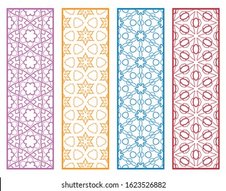 Decorative geometric line borders with repeating texture. Tribal ethnic arabic, indian, turkish ornament, bookmarks templates set. Isolated design elements. Stylized lace patterns collection