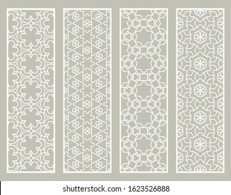 Decorative geometric line borders with repeating texture. Tribal ethnic arabic, indian, turkish ornament, bookmarks templates set. Isolated design elements. Stylized lace patterns collection