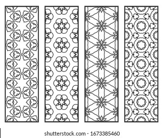 Decorative geometric line borders with repeating texture. Tribal ethnic arabic, indian, turkish ornament, bookmarks templates set. Isolated design elements. Stylized lace patterns collection