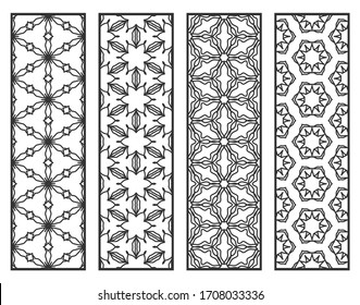 Decorative geometric line borders with repeating texture. Tribal ethnic arabic, indian, turkish ornament, bookmarks templates set. Isolated design elements. Stylized lace patterns collection