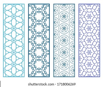 Decorative geometric line borders with repeating texture. Tribal ethnic arabic, indian, turkish ornament, bookmarks templates set. Isolated design elements. Stylized lace patterns collection