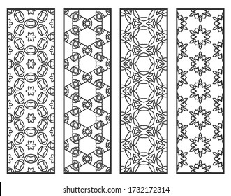 Bordes de línea geométrica decorativos con textura extensible. Ornamento tribal étnico árabe, indio, turco, plantillas de marcadores establecidas. Elementos de diseño aislados. Colección de patrones de encaje estilizados