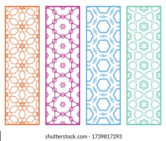 Decorative geometric line borders with repeating texture. Tribal ethnic arabic, indian, turkish ornament, bookmarks templates set. Isolated design elements. Stylized lace patterns collection