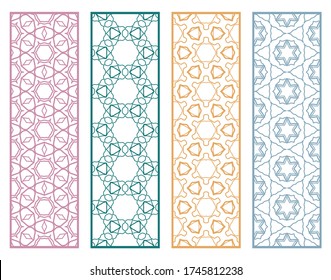 Decorative geometric line borders with repeating texture. Tribal ethnic arabic, indian, turkish ornament, bookmarks templates set. Isolated design elements. Stylized lace patterns collection