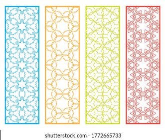 Decorative geometric line borders with repeating texture. Tribal ethnic arabic, indian, turkish ornament, bookmarks templates set. Isolated design elements. Stylized lace patterns collection