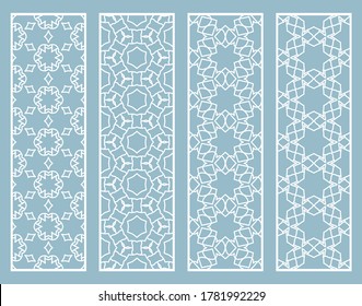Decorative geometric line borders with repeating texture. Tribal ethnic arabic, indian, turkish ornament, bookmarks templates set. Isolated design elements. Stylized lace patterns collection