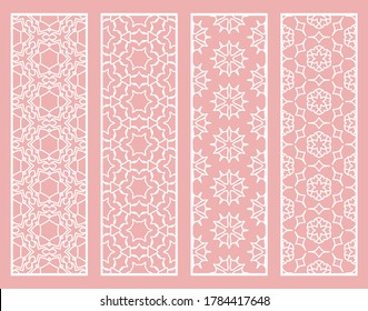 Decorative geometric line borders with repeating texture. Tribal ethnic arabic, indian, turkish ornament, bookmarks templates set. Isolated design elements. Stylized lace patterns collection
