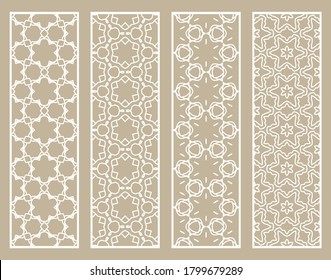 Decorative geometric line borders with repeating texture. Tribal ethnic arabic, indian, turkish ornament, bookmarks templates set. Isolated design elements. Stylized lace patterns collection