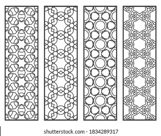 Decorative geometric line borders with repeating texture. Tribal ethnic arabic, indian, turkish ornament, bookmarks templates set. Isolated design elements. Stylized lace patterns collection