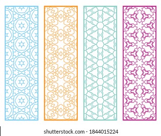 Decorative geometric line borders with repeating texture. Tribal ethnic arabic, indian, turkish ornament, bookmarks templates set. Isolated design elements. Stylized lace patterns collection
