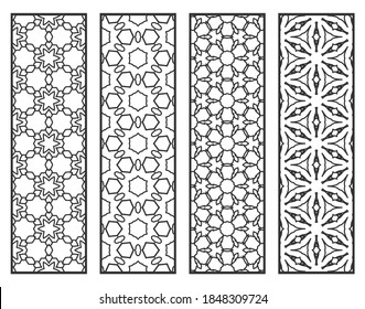 Decorative geometric line borders with repeating texture. Tribal ethnic arabic, indian, turkish ornament, bookmarks templates set. Isolated design elements. Stylized lace patterns collection