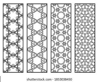 Decorative geometric line borders with repeating texture. Tribal ethnic arabic, indian, turkish ornament, bookmarks templates set. Isolated design elements. Stylized lace patterns collection