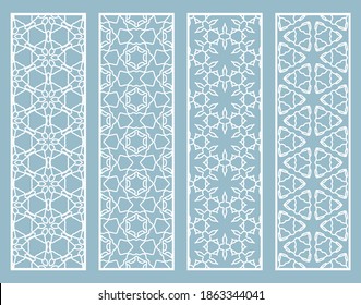 Decorative geometric line borders with repeating texture. Tribal ethnic arabic, indian, turkish ornament, bookmarks templates set. Isolated design elements. Stylized lace patterns collection