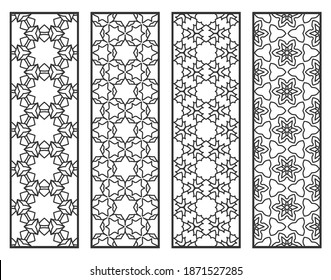 Decorative geometric line borders with repeating texture. Tribal ethnic arabic, indian, turkish ornament, bookmarks templates set. Isolated design elements. Stylized lace patterns collection