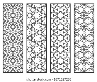 Decorative geometric line borders with repeating texture. Tribal ethnic arabic, indian, turkish ornament, bookmarks templates set. Isolated design elements. Stylized lace patterns collection