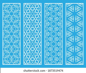 Decorative geometric line borders with repeating texture. Tribal ethnic arabic, indian, turkish ornament, bookmarks templates set. Isolated design elements. Stylized lace patterns collection