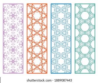Decorative geometric line borders with repeating texture. Tribal ethnic arabic, indian, turkish ornament, bookmarks templates set. Isolated design elements. Stylized lace patterns collection