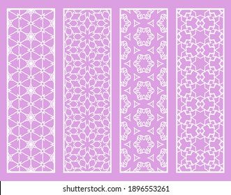 Decorative geometric line borders with repeating texture. Tribal ethnic arabic, indian, turkish ornament, bookmarks templates set. Isolated design elements. Stylized lace patterns collection