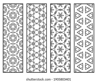 Decorative geometric line borders with repeating texture. Tribal ethnic arabic, indian, turkish ornament, bookmarks templates set. Isolated design elements. Stylized lace patterns collection