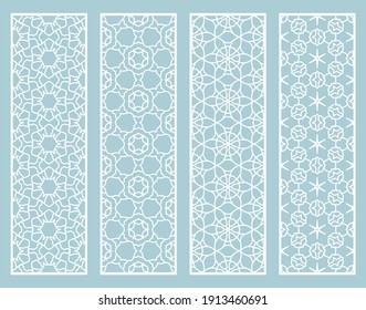Decorative geometric line borders with repeating texture. Tribal ethnic arabic, indian, turkish ornament, bookmarks templates set. Isolated design elements. Stylized lace patterns collection