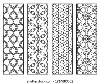 Decorative geometric line borders with repeating texture. Tribal ethnic arabic, indian, turkish ornament, bookmarks templates set. Isolated design elements. Stylized lace patterns collection