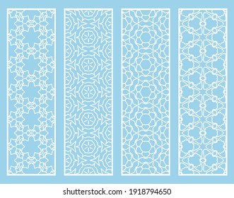 Decorative geometric line borders with repeating texture. Tribal ethnic arabic, indian, turkish ornament, bookmarks templates set. Isolated design elements. Stylized lace patterns collection