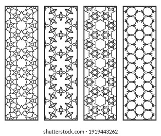 Decorative geometric line borders with repeating texture. Tribal ethnic arabic, indian, turkish ornament, bookmarks templates set. Isolated design elements. Stylized lace patterns collection