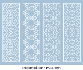 Decorative geometric line borders with repeating texture. Tribal ethnic arabic, indian, turkish ornament, bookmarks templates set. Isolated design elements. Stylized lace patterns collection