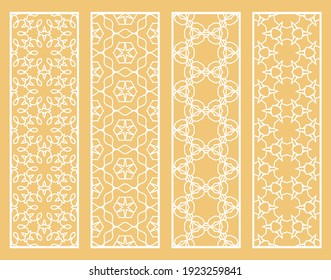 Decorative geometric line borders with repeating texture. Tribal ethnic arabic, indian, turkish ornament, bookmarks templates set. Isolated design elements. Stylized lace patterns collection