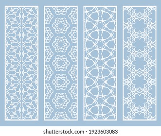 Decorative geometric line borders with repeating texture. Tribal ethnic arabic, indian, turkish ornament, bookmarks templates set. Isolated design elements. Stylized lace patterns collection