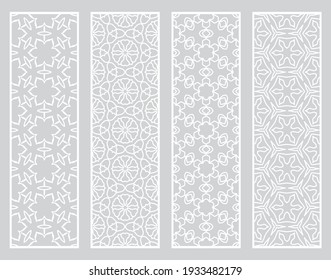 Decorative geometric line borders with repeating texture. Tribal ethnic arabic, indian, turkish ornament, bookmarks templates set. Isolated design elements. Stylized lace patterns collection