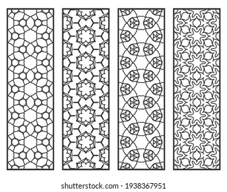 Decorative geometric line borders with repeating texture. Tribal ethnic arabic, indian, turkish ornament, bookmarks templates set. Isolated design elements. Stylized lace patterns collection