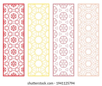 Decorative geometric line borders with repeating texture. Tribal ethnic arabic, indian, turkish ornament, bookmarks templates set. Isolated design elements. Stylized lace patterns collection