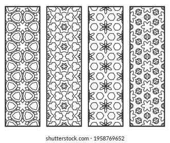 Decorative geometric line borders with repeating texture. Tribal ethnic arabic, indian, turkish ornament, bookmarks templates set. Isolated design elements. Stylized lace patterns collection