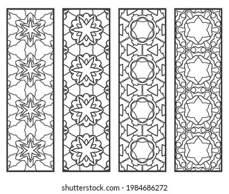 Decorative geometric line borders with repeating texture. Tribal ethnic arabic, indian, turkish ornament, bookmarks templates set. Isolated design elements. Stylized lace patterns collection