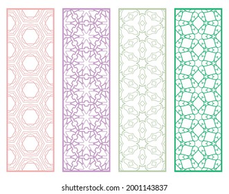 Decorative geometric line borders with repeating texture. Tribal ethnic arabic, indian, turkish ornament, bookmarks templates set. Isolated design elements. Stylized lace patterns collection