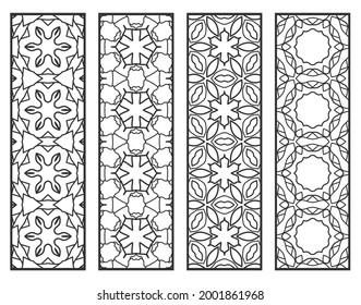 Decorative geometric line borders with repeating texture. Tribal ethnic arabic, indian, turkish ornament, bookmarks templates set. Isolated design elements. Stylized lace patterns collection